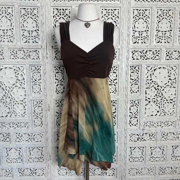 Vintage Brown Boho Y2K Asymmetrical Flowy Sleeveless Mini Dress Sz Medium - Picture 1 of 7